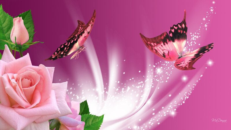 Pink Roses and Butterflies — Dreamy, Digital Art, Sparkles