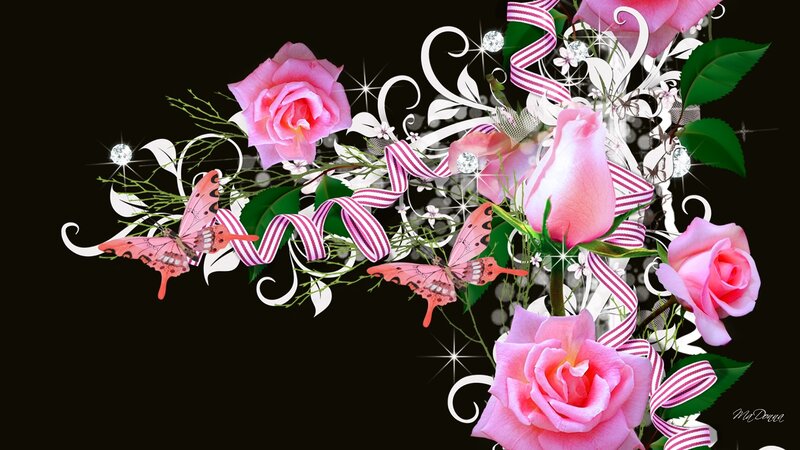 Pink Roses and Butterflies — Elegant, Digital Art