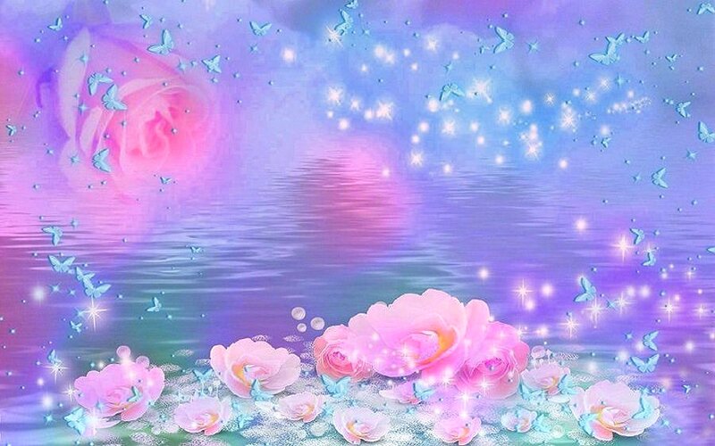 Pink Roses and Butterflies — Purple, Dreamy, Digital Art