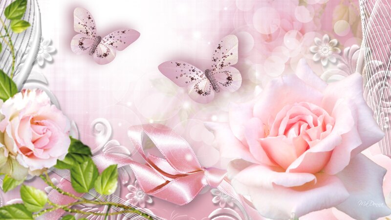 Pink Roses and Butterflies — Romantic, Digital Art