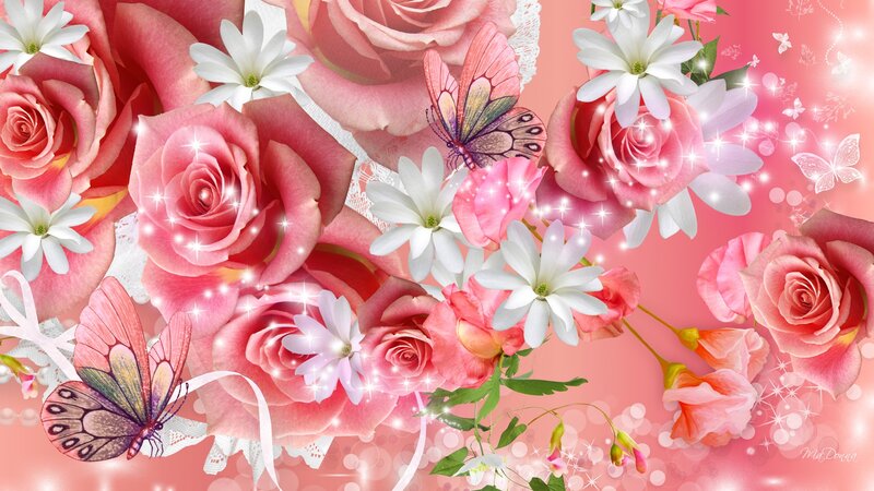 Pink Roses and Butterflies — Romantic, Digital Art, White Flowers