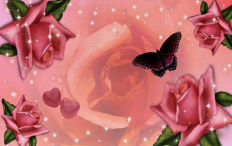 Pink Roses and Butterfly — Romantic, Digital Art, Hearts, Sparkles