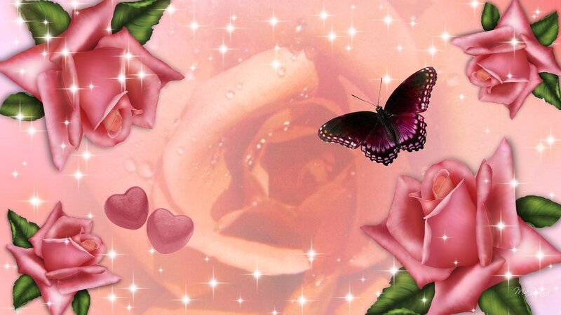 Pink Roses and Butterfly — Romantic, Digital Art