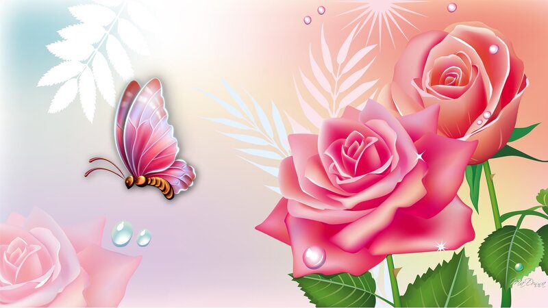 Pink Roses and Butterfly — Serene, Digital Art