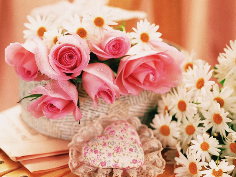 Pink Roses and Daisies — Calm, Photograph, Heart-shaped Pillow, Book Pages