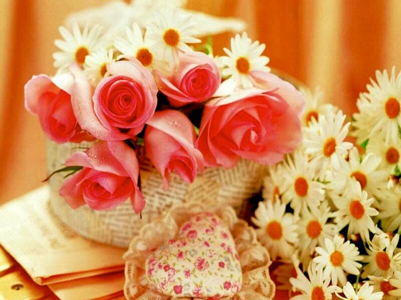Pink Roses and Daisies — Calm, Photograph, Heart-shaped Pillow