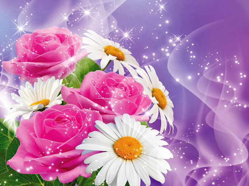 Pink Roses and Daisies — Purple, Dreamy, Digital Art