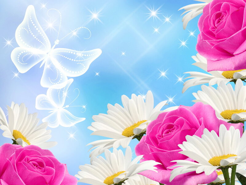 Pink Roses and Daisies — Serene, Spring, Digital Art