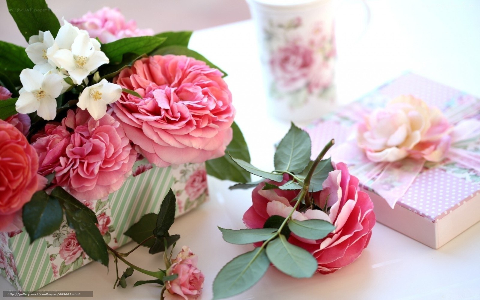Pink roses and gift box