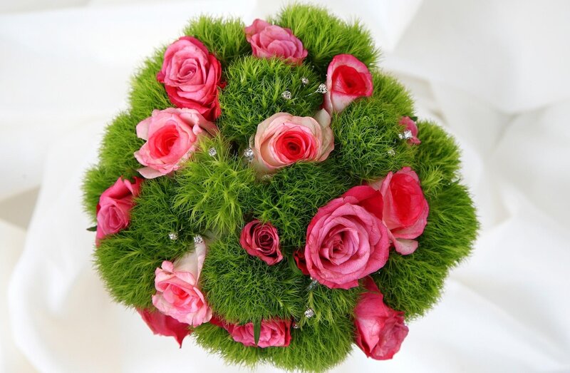 Pink roses and green foliage bouquet