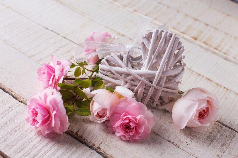 Pink Roses and Heart — Romantic, Photograph, Wooden Surface