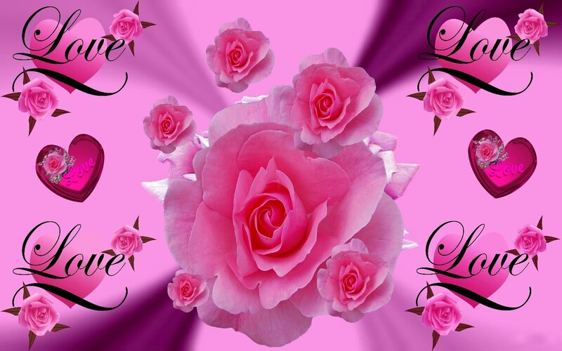 Pink Roses and Hearts — Romantic, Digital Art, Text, Cursive