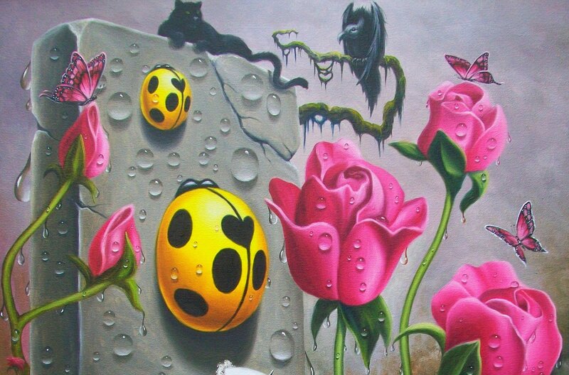 Pink Roses and Ladybugs