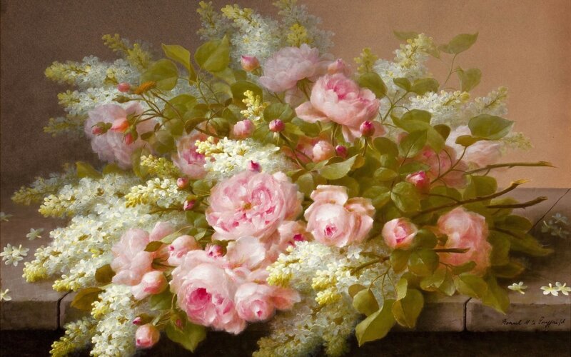 Pink Roses and Lilacs — Serene, Painting, Flowers