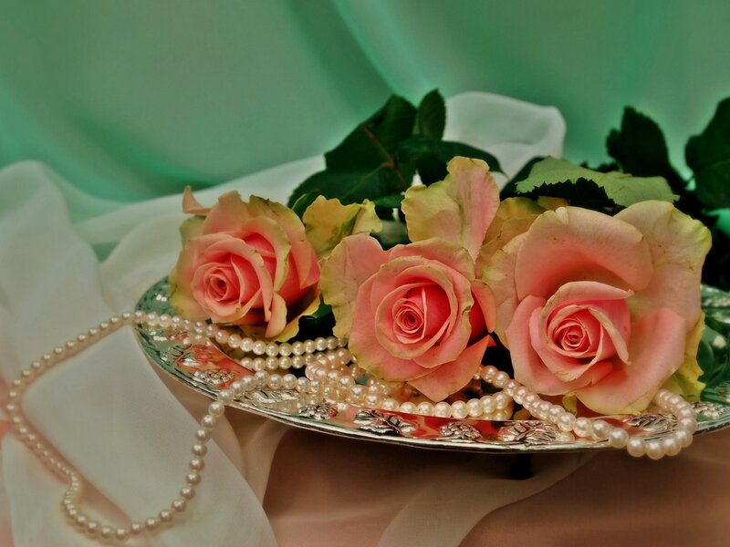 Pink roses and pearls on silver tray