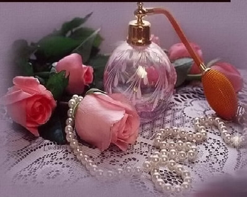 Pink Roses and Perfume Bottle