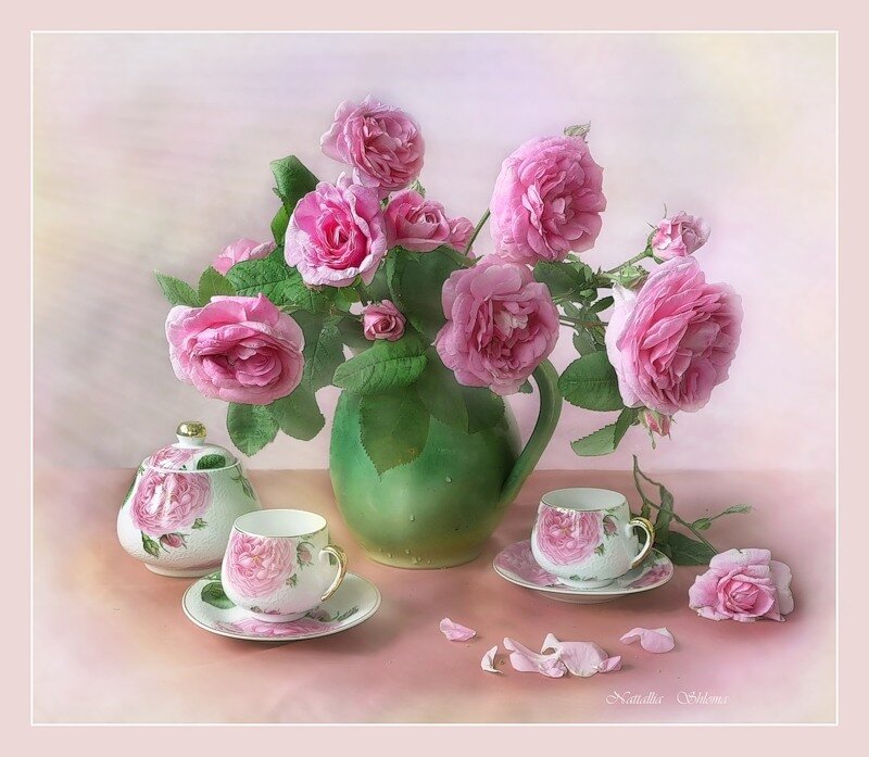 Pink roses and tea set