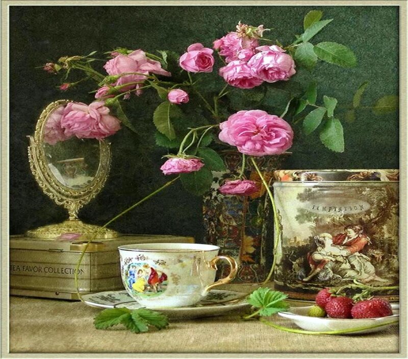 Pink Roses and Tea Set — Serene, Painting