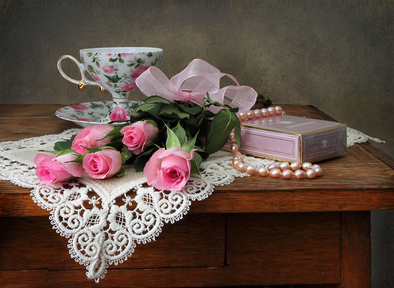 Pink Roses and Tea Set — Serene, Photograph