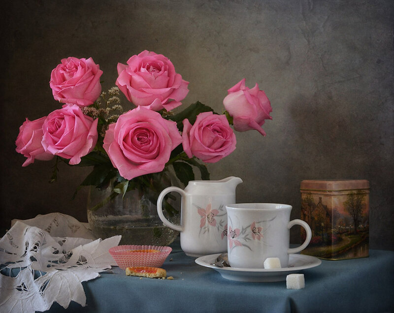 Pink Roses and Tea Set — Serene, Photograph, Vase