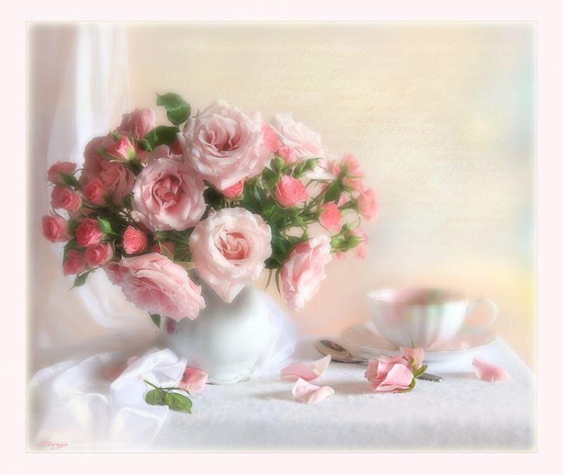 Pink roses and tea set
