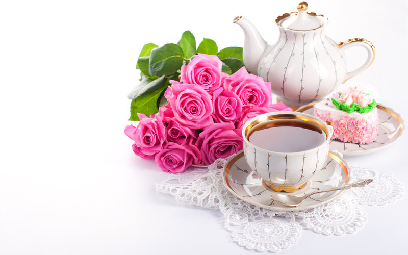 Pink Roses and Tea Set — White