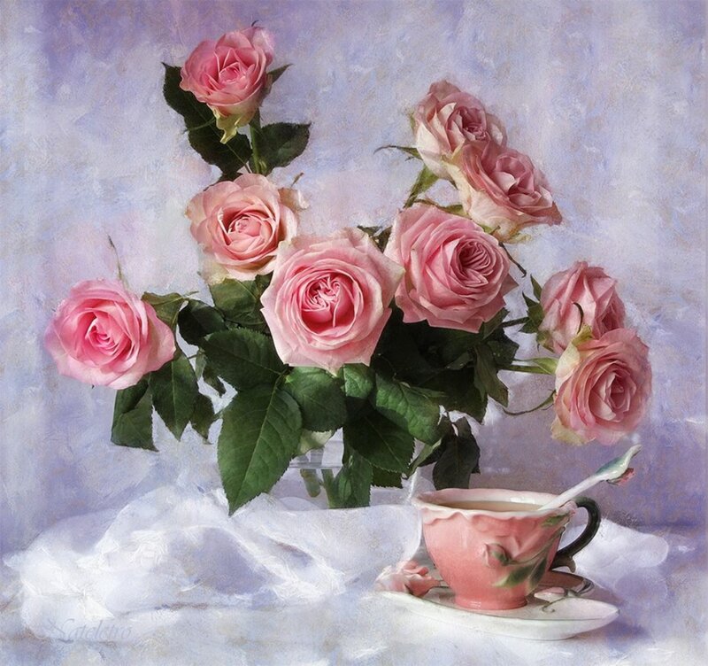 Pink Roses and Teacup — Serene, Painting