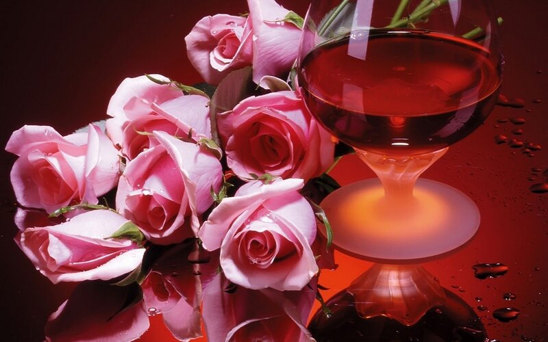 Pink Roses and Wine Glass — Red, Dramatic