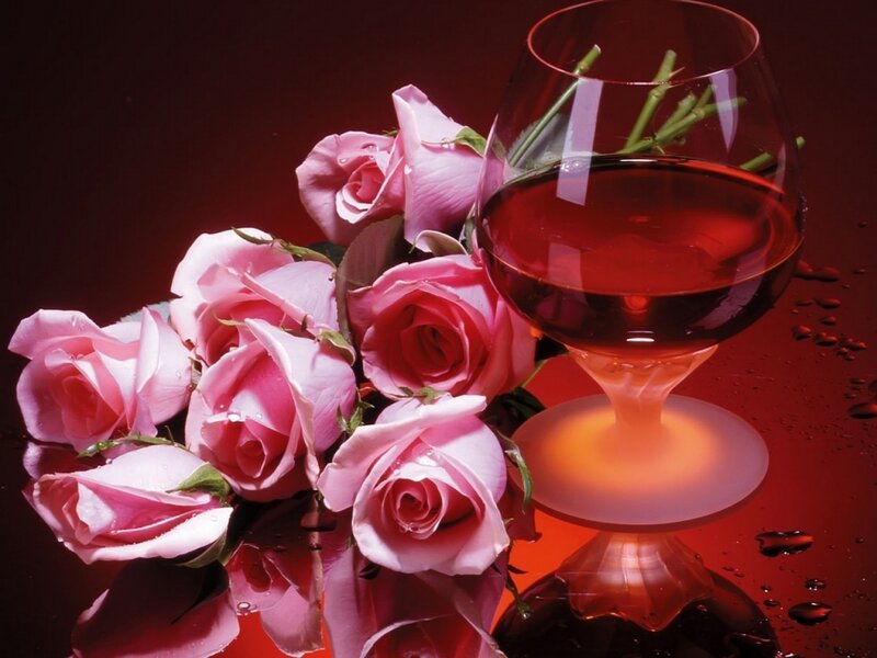 Pink Roses and Wine Glass — Red