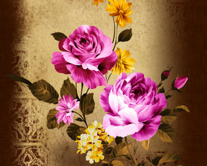 Pink Roses and Yellow Flowers — Purple