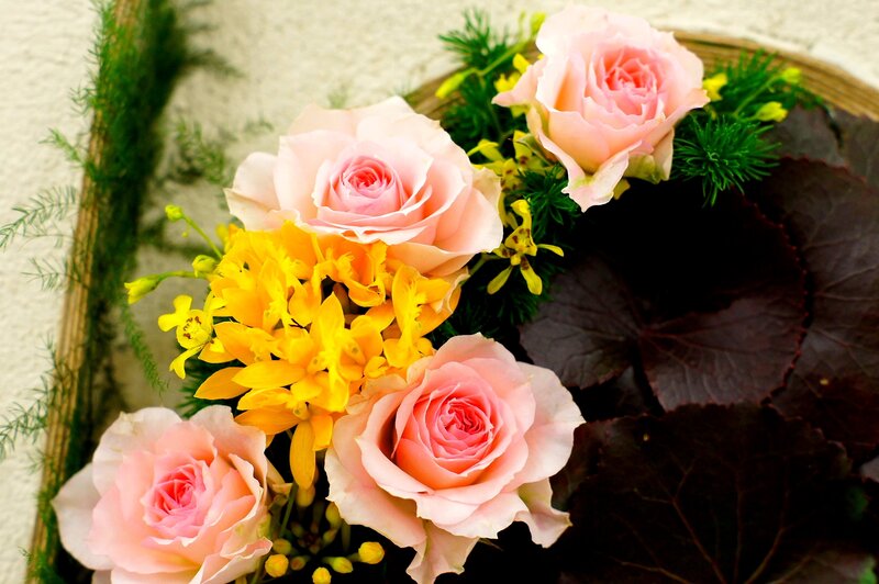 Pink Roses and Yellow Flowers