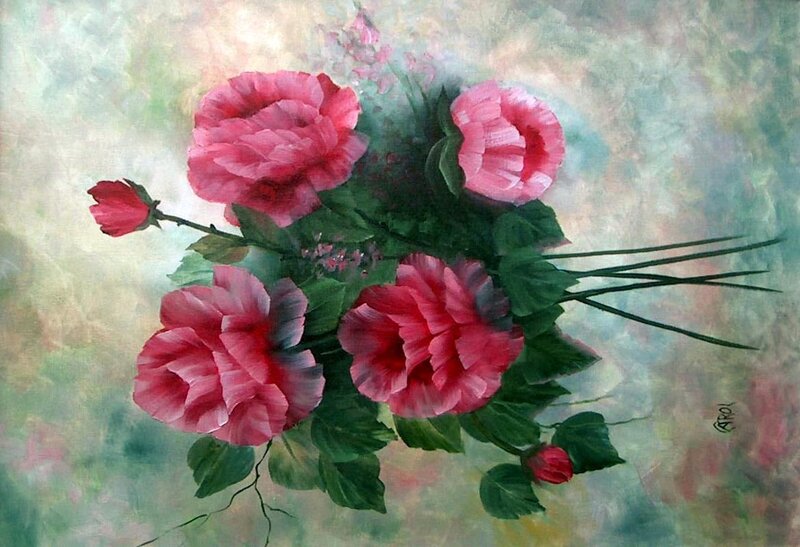 Pink roses bouquet painting