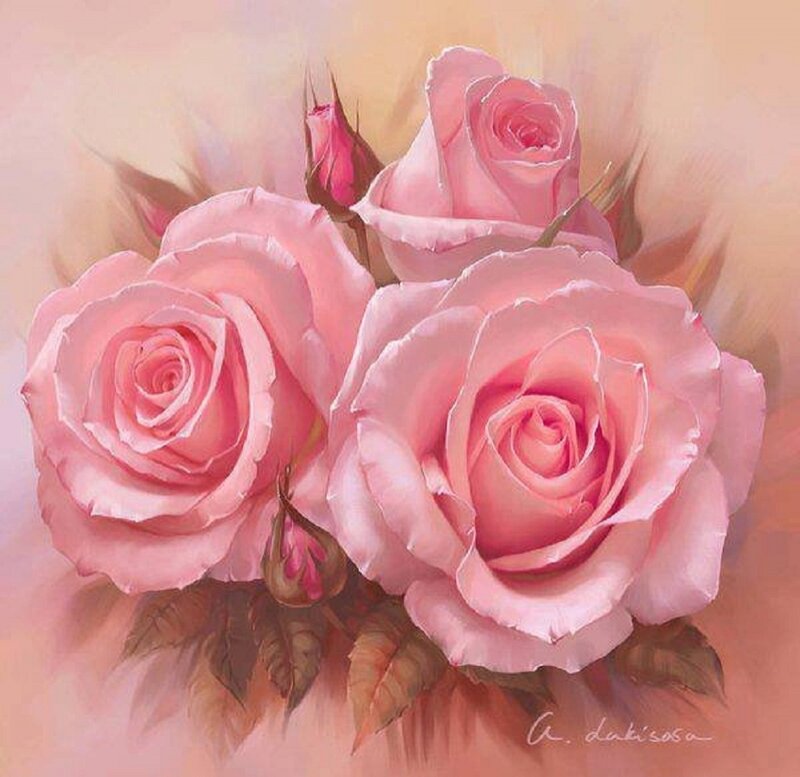 Pink Roses Bouquet — Serene, Painting, Buds