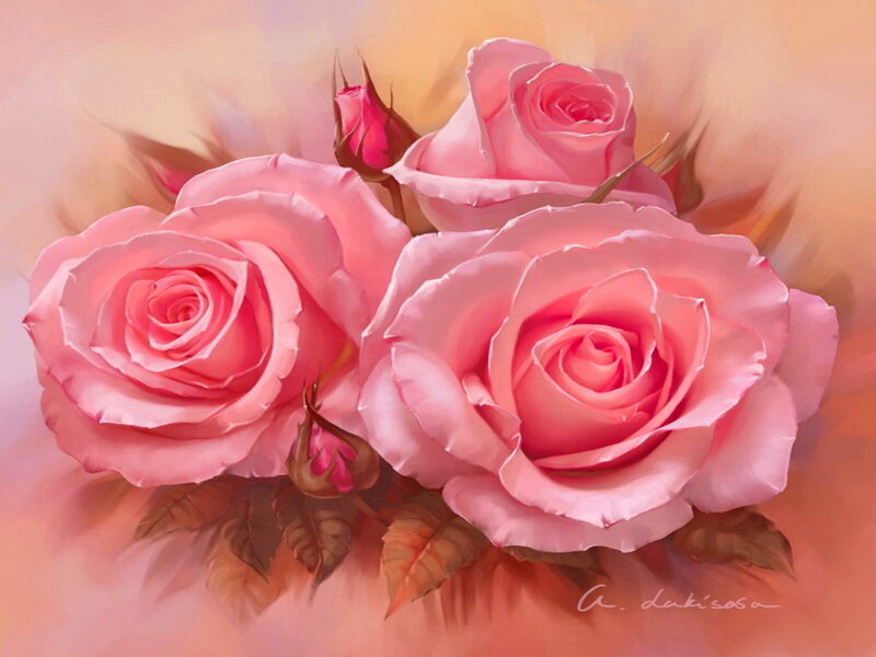 Pink Roses Bouquet — Serene, Painting