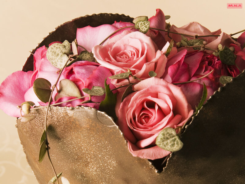 pink roses in a golden vase