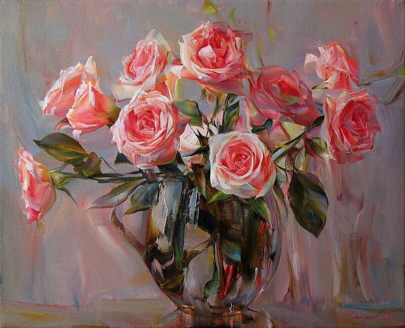 Pink Roses in a Vase — Calm, Painting, Flowers