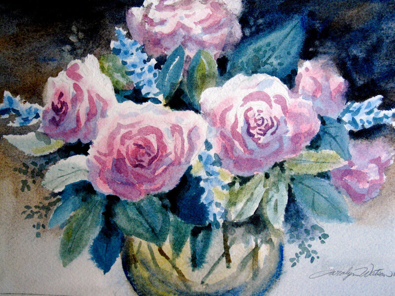 Pink Roses in a Vase — Calm, Painting, Leaves