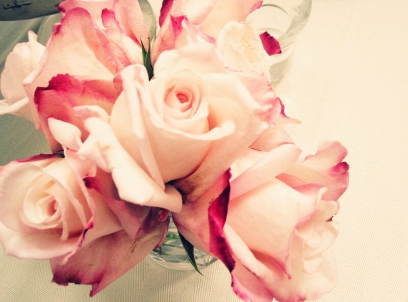 Pink Roses in a Vase — Calm, Photograph, Tablecloth