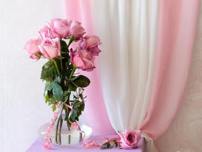 Pink Roses in a Vase — Serene, Photograph, Curtain