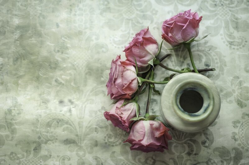 Pink Roses in a Vase — Serene, Photograph, Flowers, Tablecloth