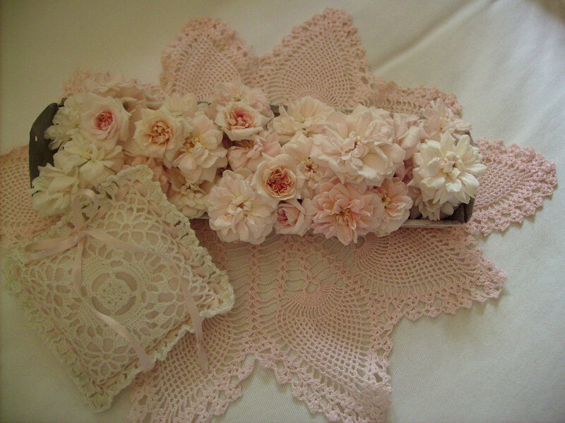 Pink Roses in Basket — Calm, Photograph, Lace Doilies