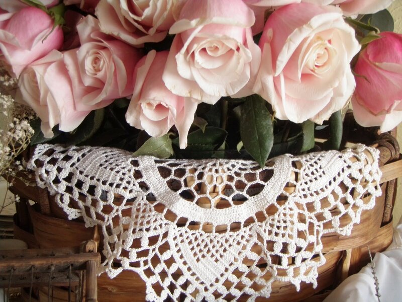 Pink Roses in Basket — Calm, Photograph, Lace Doily