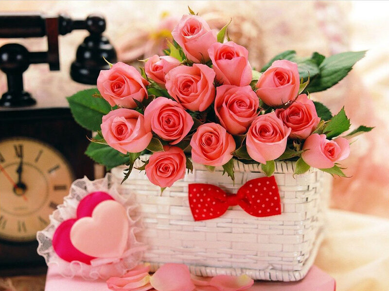 Pink Roses in Basket — Romantic, Photograph, Clock