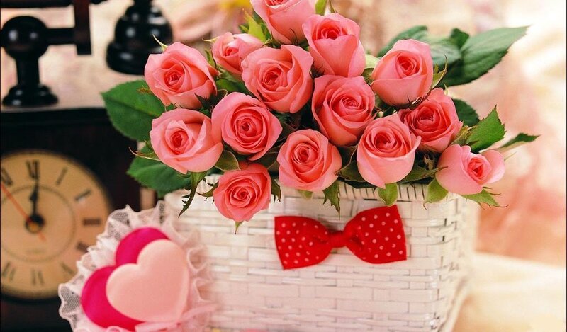 Pink Roses in Basket — Romantic, Photograph