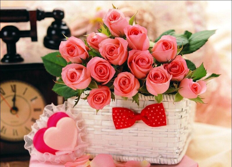 Pink Roses in Basket — Romantic