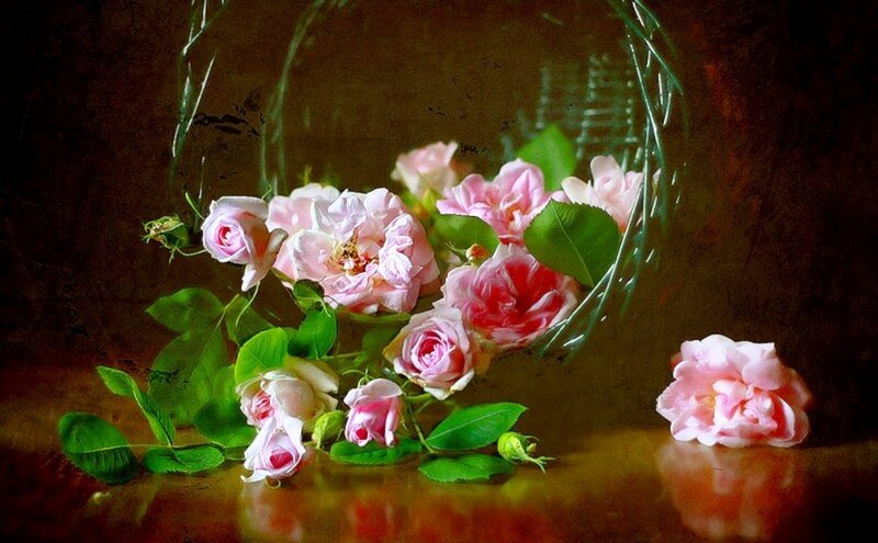 Pink Roses in Basket — Serene, Painting
