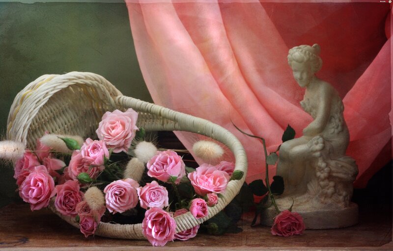 Pink Roses in Basket — Serene, Photograph, Statue