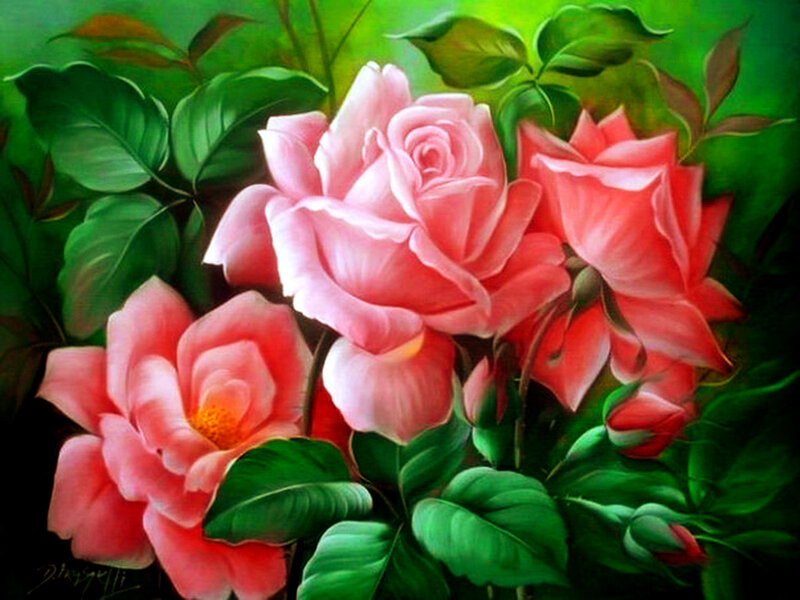 Pink Roses in Bloom — Green