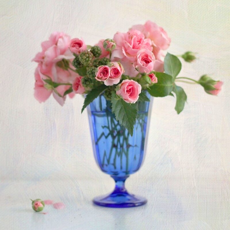 Pink Roses in Blue Vase