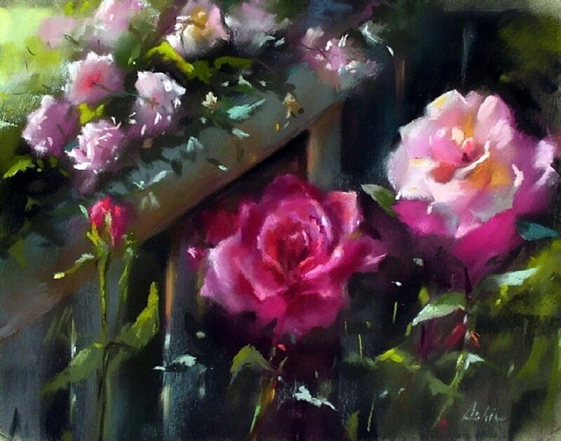 Pink Roses in Garden — Serene, Afternoon, Painting